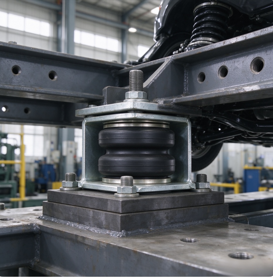 rubber-shock-absorber-installed-on-industrial-machine-frame-factory-workshop-application-scene